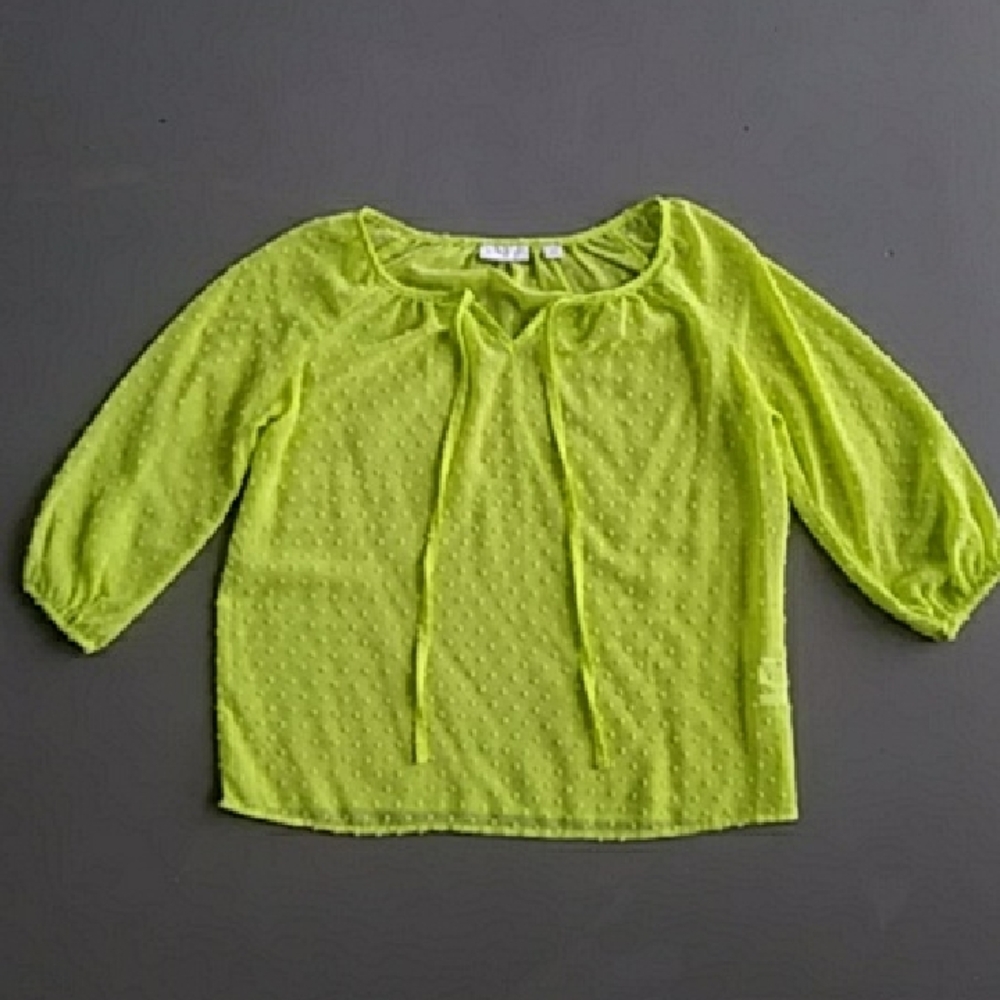 New York & Company Swiss Dot Sheer Neon Yellow Green Blouse Top XS